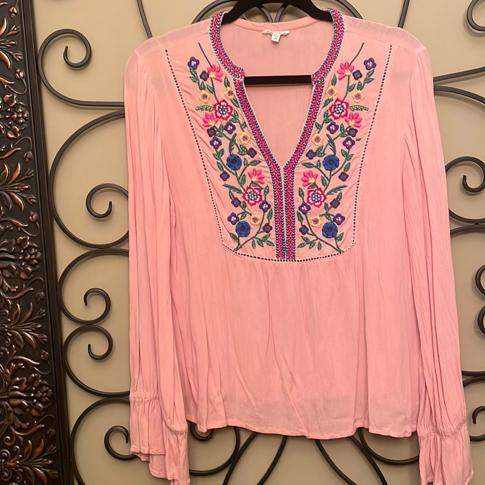 Blush colored embroidered neck top